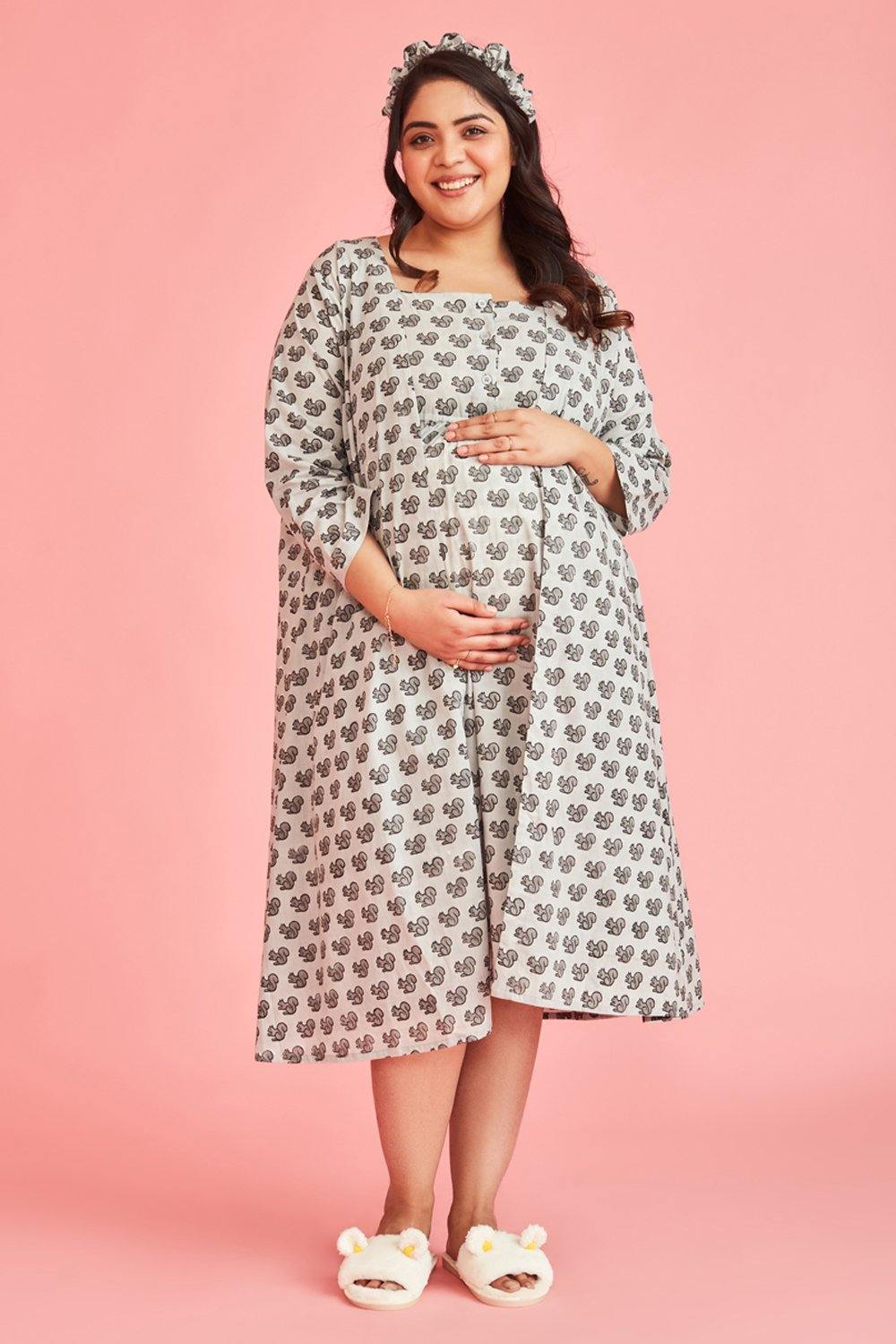 Squirrell Grey Dress Robe Maternity Night Set